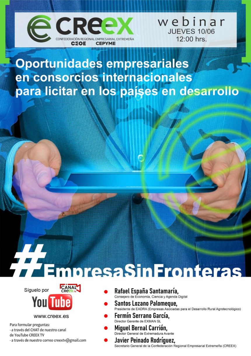 El webinar #EmpresaSinFrontera informa a las empresas extremeñas de las oportunidades para formar consorcios internacionales que accedan a licitaciones en países en desarrollo