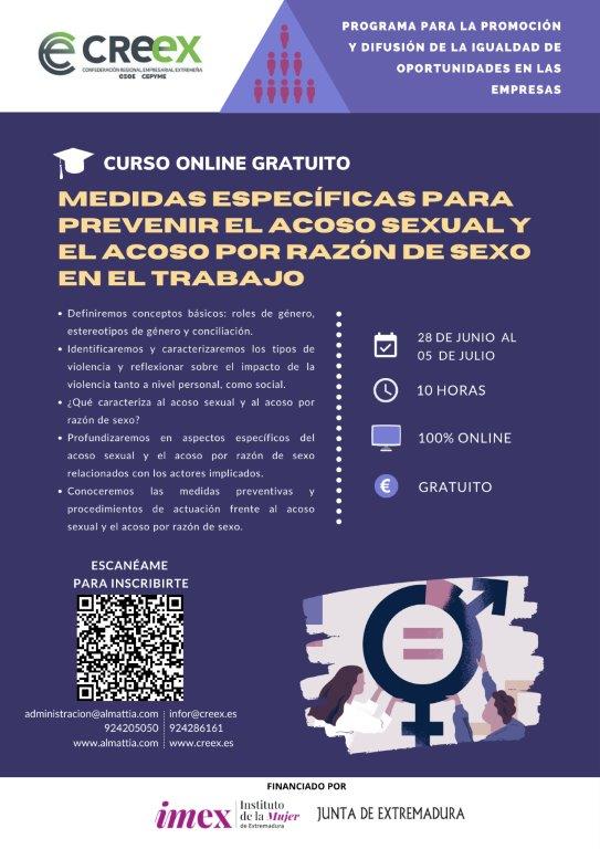 CREEX organiza un curso gratuito online para prevenir el acoso sexual y el acoso por razón de sexo en el trabajo